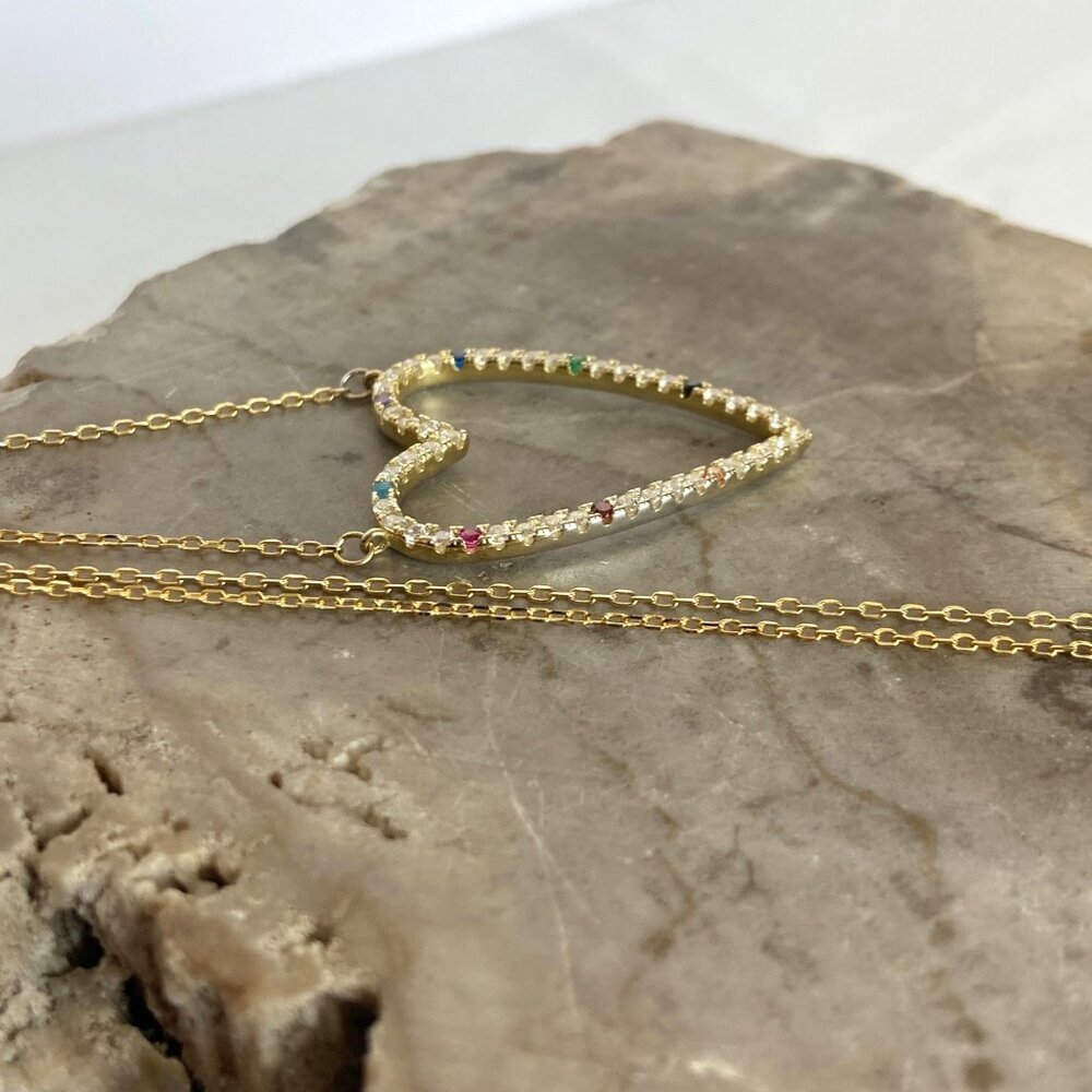 Gold Vermeil Sterling Silver 925 Open Heart Rainbow Pave Pendant Necklace 16-18" - Picture 5 of 16